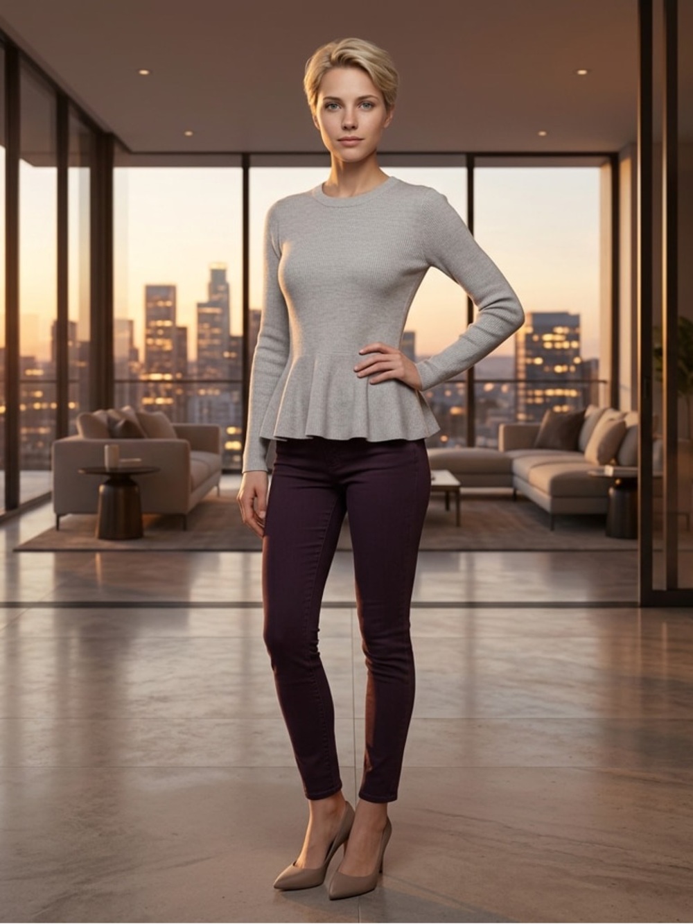 La Vila Milano Women’s Ribbed Knit Peplum Sweater Light Gray Crew Neck Sz M